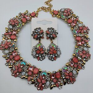 Pink/Peach 18 inch black, gold and clear crystal choker necklace set w/ earrings